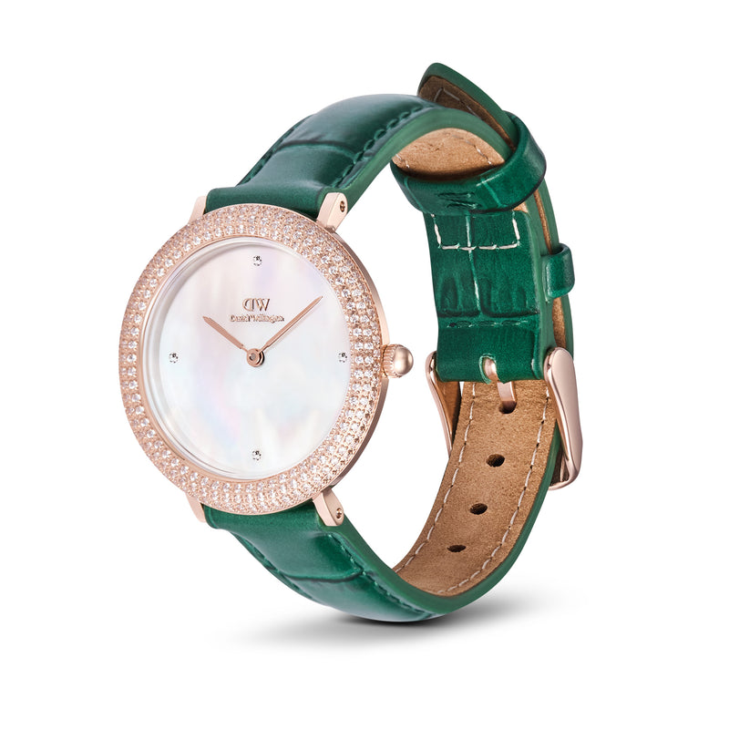 Reloj de oro rosa con bisel cristalino, cocodrilo verde, blanco y fregona