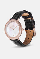 Reloj de oro rosa con bisel cristalino, cocodrilo negro, blanco y fregona
