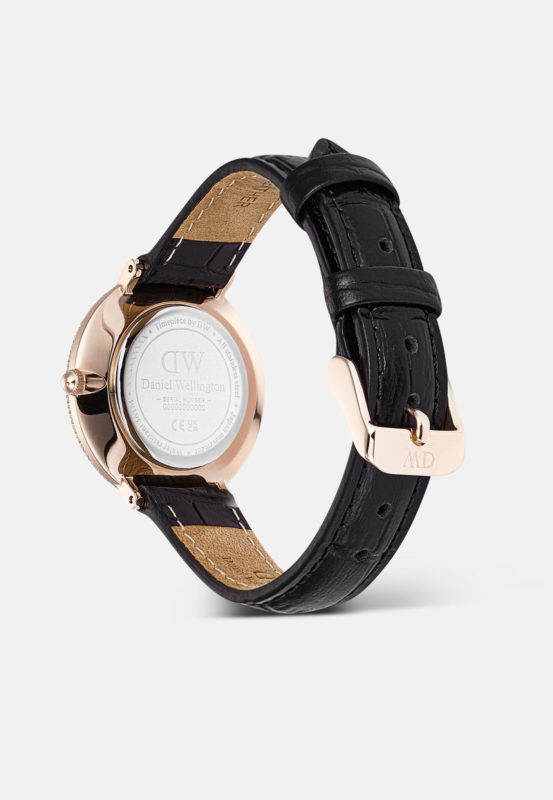 Reloj de oro rosa con bisel cristalino, cocodrilo negro, blanco y fregona