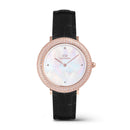 Reloj de oro rosa con bisel cristalino, cocodrilo negro, blanco y fregona