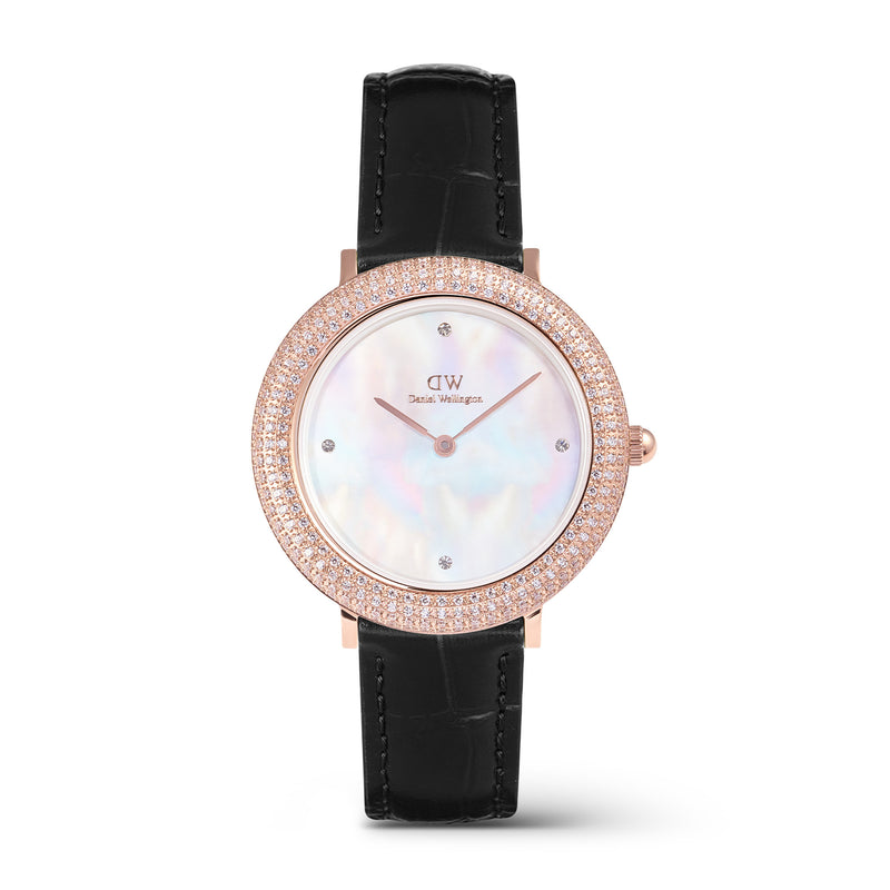 Reloj de oro rosa con bisel cristalino, cocodrilo negro, blanco y fregona
