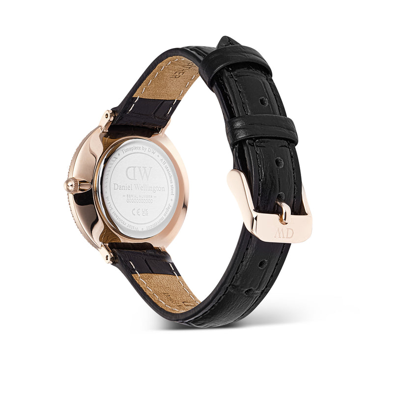Reloj de oro rosa con bisel cristalino, cocodrilo negro, blanco y fregona