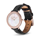 Reloj de oro rosa con bisel cristalino, cocodrilo negro, blanco y fregona