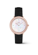 Reloj de oro rosa con bisel cristalino, cocodrilo negro, blanco y fregona