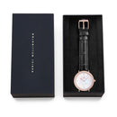 Reloj de oro rosa con bisel cristalino, cocodrilo negro, blanco y fregona