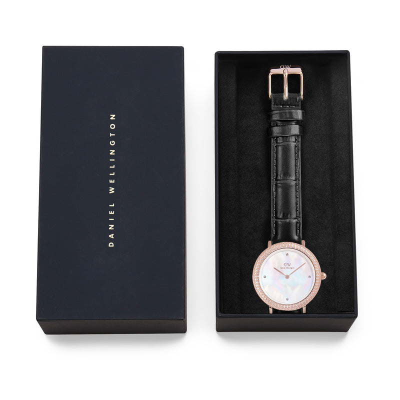 Reloj de oro rosa con bisel cristalino, cocodrilo negro, blanco y fregona