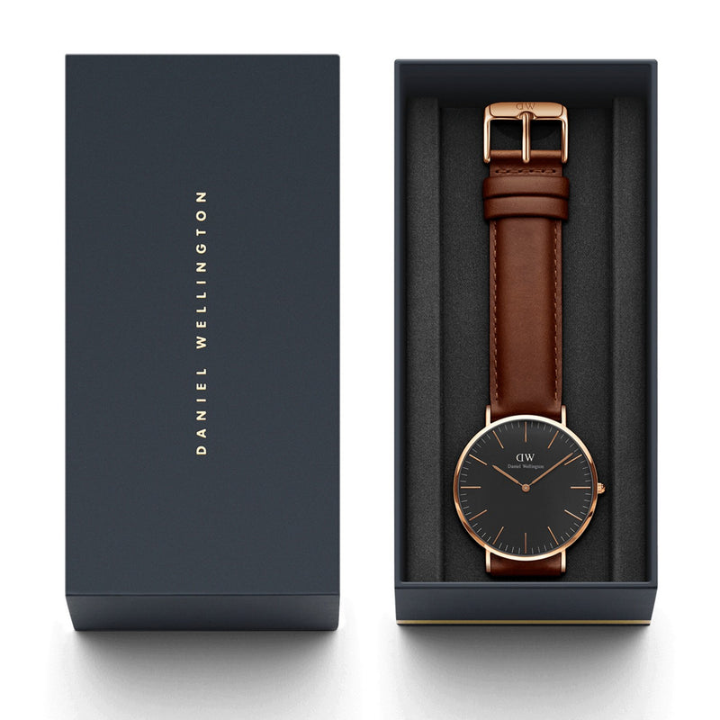 Reloj clásico de oro rosa negro St Mawes