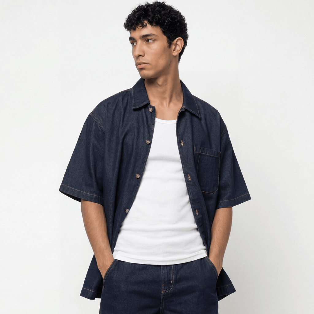 Camisa Denim de Manga Corta Dickies Hombre Dk0A88Phrin1 Azul Oscuro - Workwear Streetwear - Rinsed
