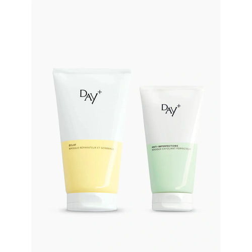 Duo de Masques Day+ : le Masque Réparateur & Gommage corps et visage et le Masque chauffant Exfoliant Anti-imperfections.
