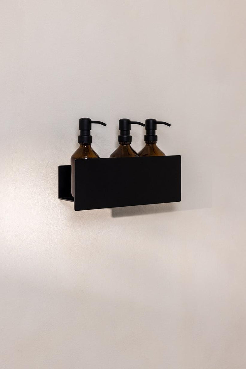SHEA Duschablage mit drei braunen Flaschen für Düschgel und Shampoo, ideal para un elegante elemento de baño.