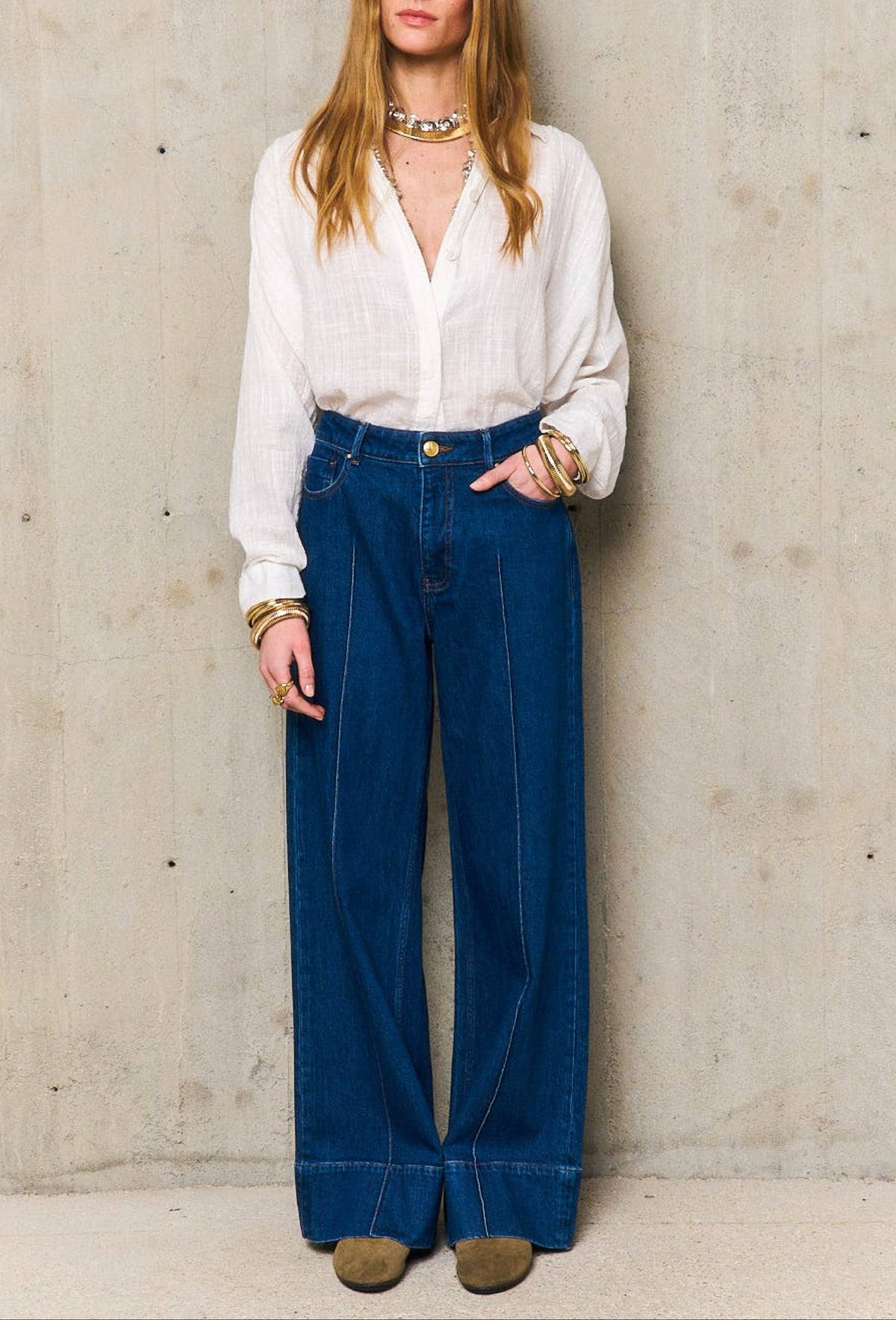 Pantalones Moira Piqué Plisados - Denim