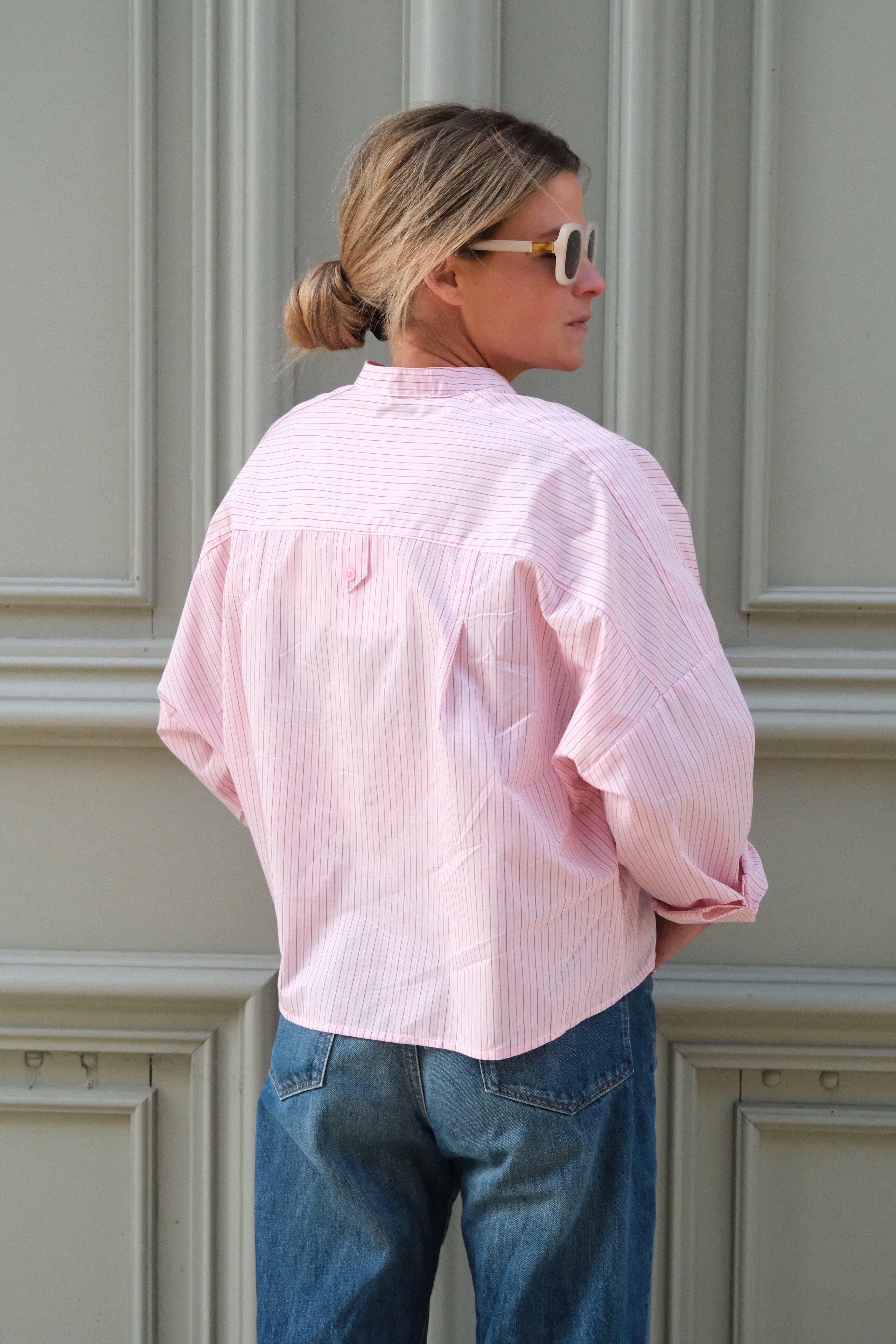 Blouse Astrid col mao rayure rose