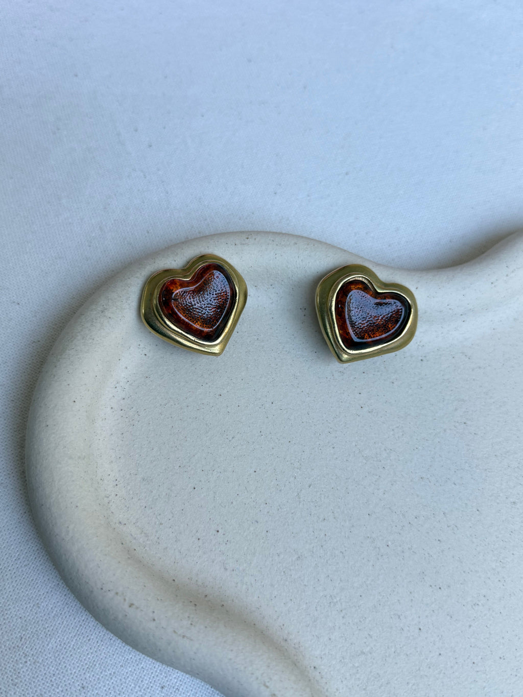 Vintage Earrings - Domed Heart Amber Resin Cabochons