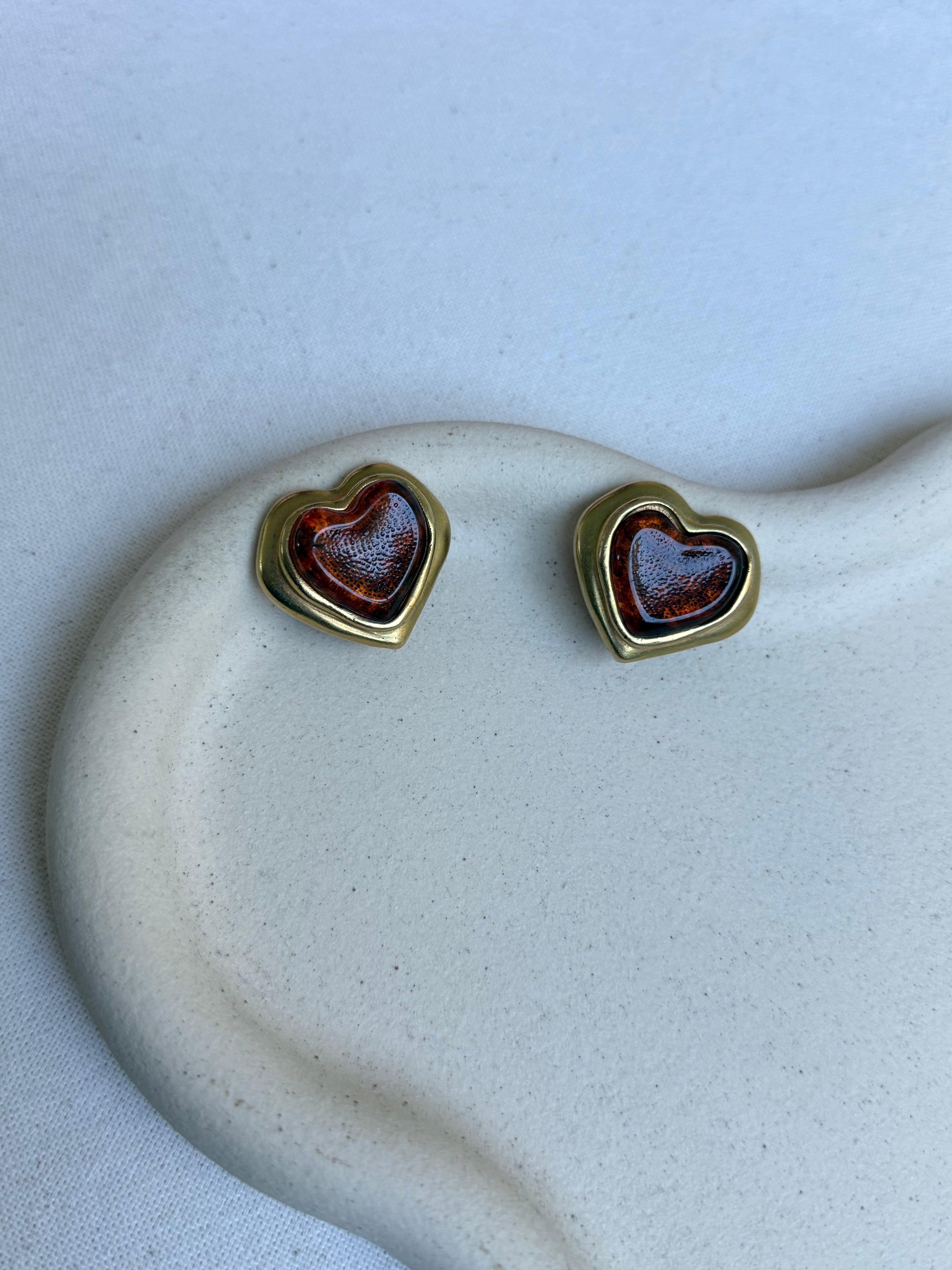 Vintage Earrings - Domed Heart Amber Resin Cabochons