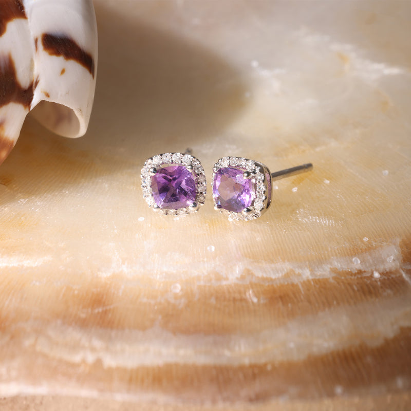 Boucles D'Oreilles "Popi Coussin Amethyste" Diamants 0,07Ct/32 ; Am0,6/2 - Or Blanc