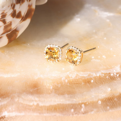 Pendientes “Popi Cushion Citrine” Diamante 0.07/32 + Citrino 0.6/2 – Oro Amarillo