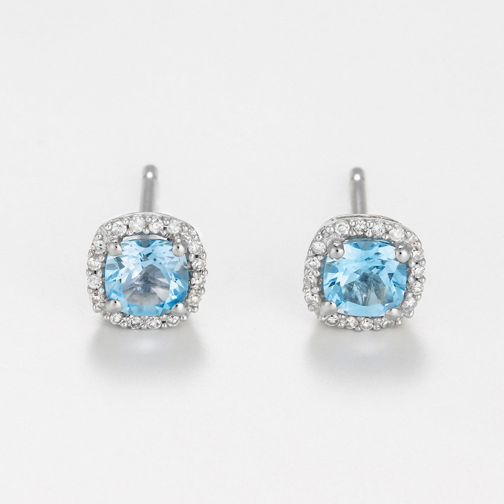 “Popi Cushion Blue Topaz” Earrings Diamond: 0.07/32 + Topaz 0.6/2 – White Gold