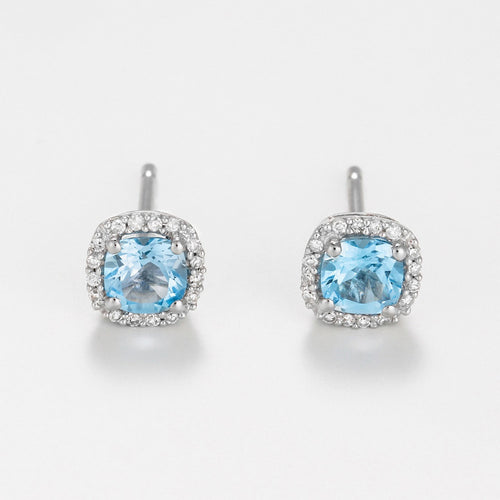 Boucles D'Oreilles "Popi Coussin Topaze Bleue" Diamant: 0,07/32 + Topaze 0,6/2 - Or Blanc 750/1000