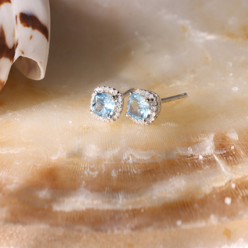 "Popi Cushion Blue Topaz" Earrings: Diamond: 0.07/32 + Topaz 0.6/2 - White Gold