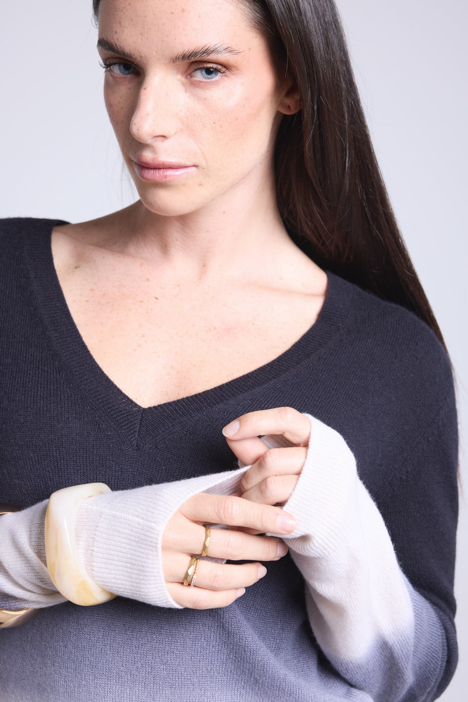 Maglione Scollo A V Dip Dye Ebene - Nero - Donna - 100% Cashmere