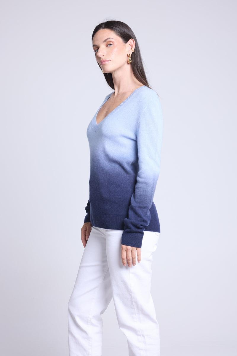 Pull Col V Dip Dye Ebene - Bleu - Femme