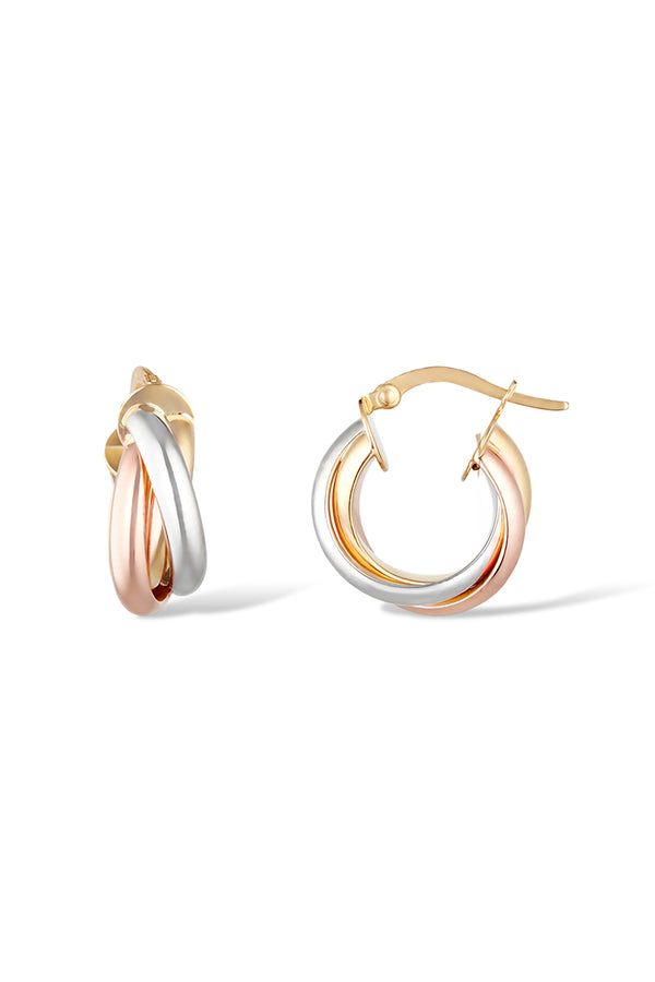 Diamanta – Boucles D'Oreilles Créoles "Enchanteresse" 1,2 Cm, deux boucles d'oreilles créoles entrelacées en or tricolore sur fond blanc