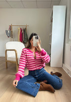Cardigan Solela Rayé Rose Et Rouge