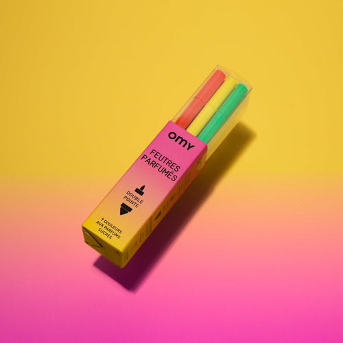  Boîte de feutres parfumés OMY aux couleurs acidulées et aux parfums fruités : fraise, citron, pomme, cola, etc. – 9 feutres double pointe pour coloriage créatif