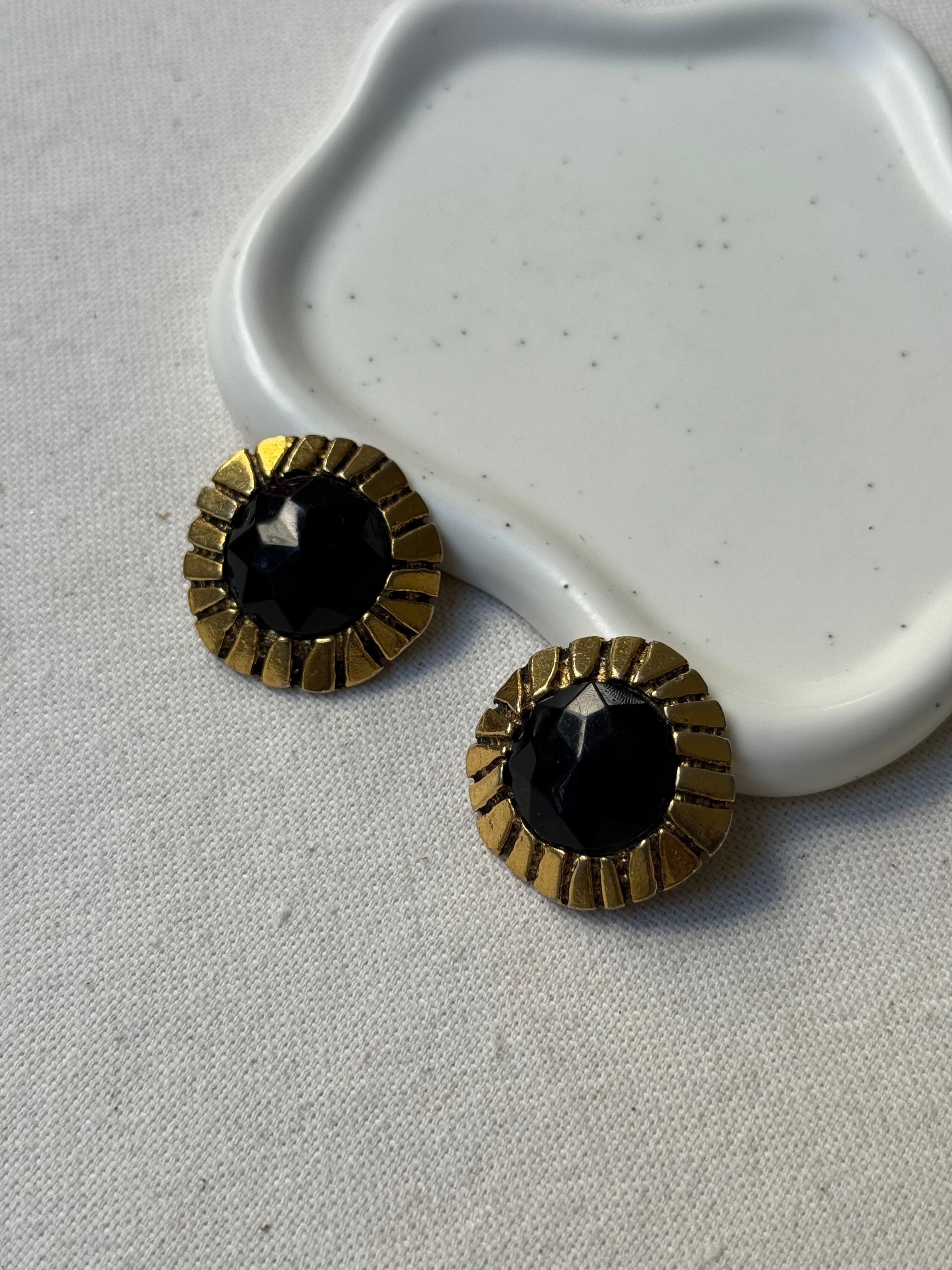 Boucles D’Oreilles Poggi Vintage - Rondes Dorées Et Cabochons Noirs