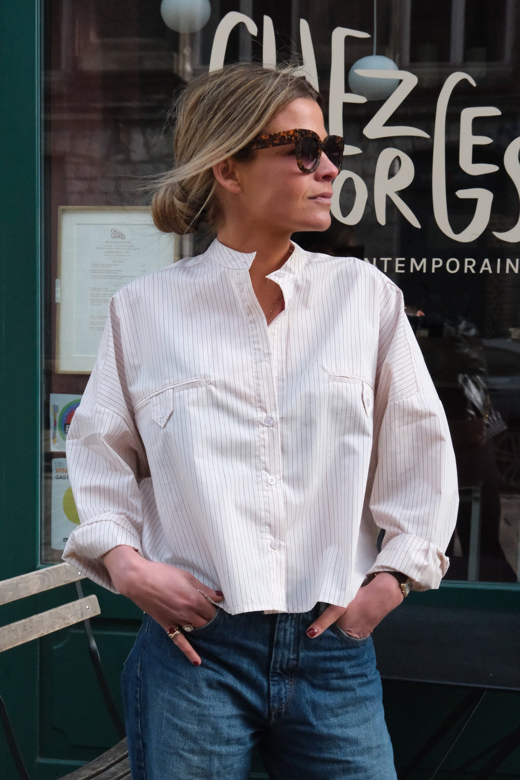 Astrid Blouse Mao Collar Beige Stripe
