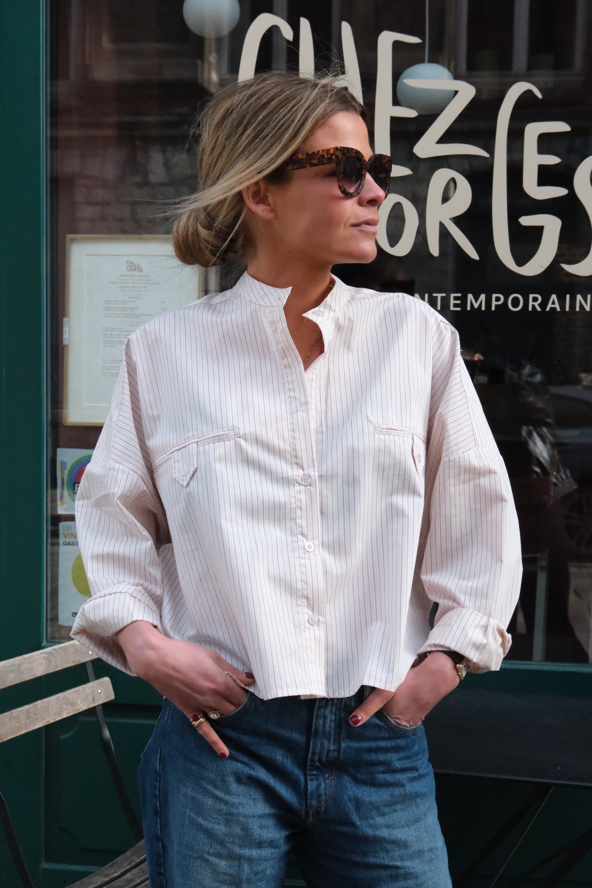 Astrid Blouse Mao Collar Beige Stripe