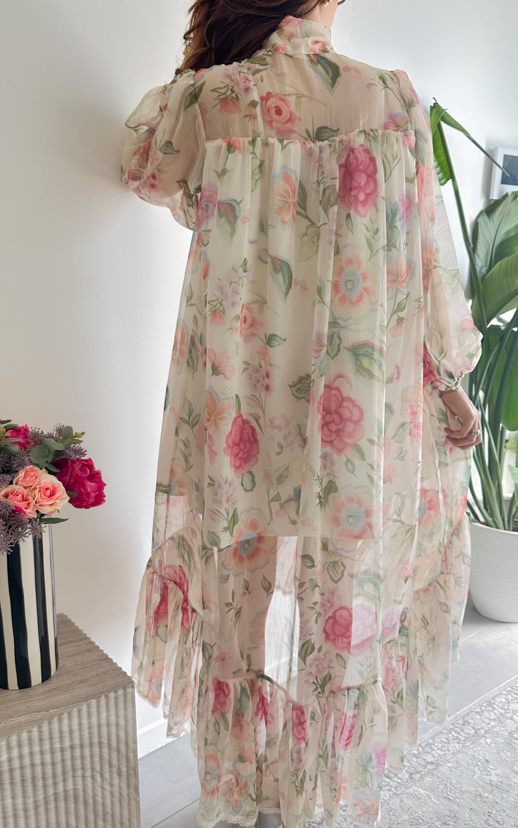 Riomaggiore Long Floral Dress - Ecru and Pink