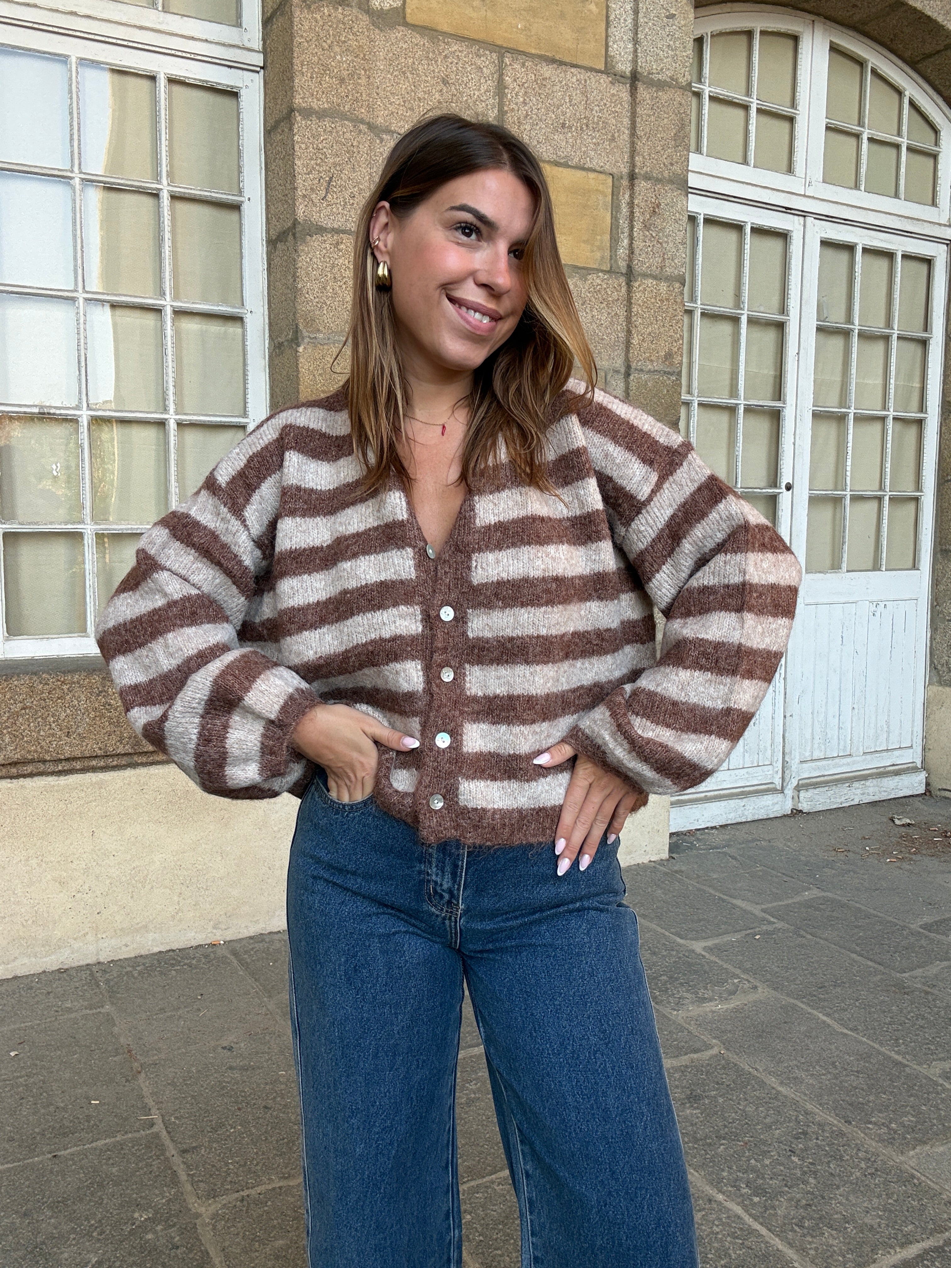 Véra Camel And Beige Striped Cardigan