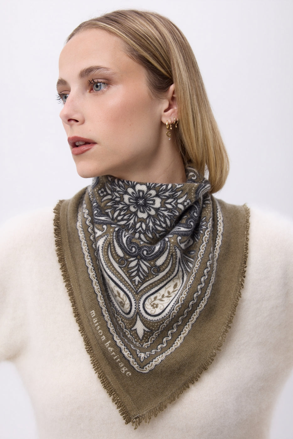 Petit Bandana Efi - Vert Khaki Blanc - Femme