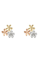 Boucles D'Oreilles "Minis Fleurs" Or Blanc, Jaune Et Rose 375/1000 Et Zirconium