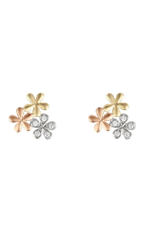 Boucles D'Oreilles "Minis Fleurs" Or Blanc, Jaune Et Rose 375/1000 Et Zirconium