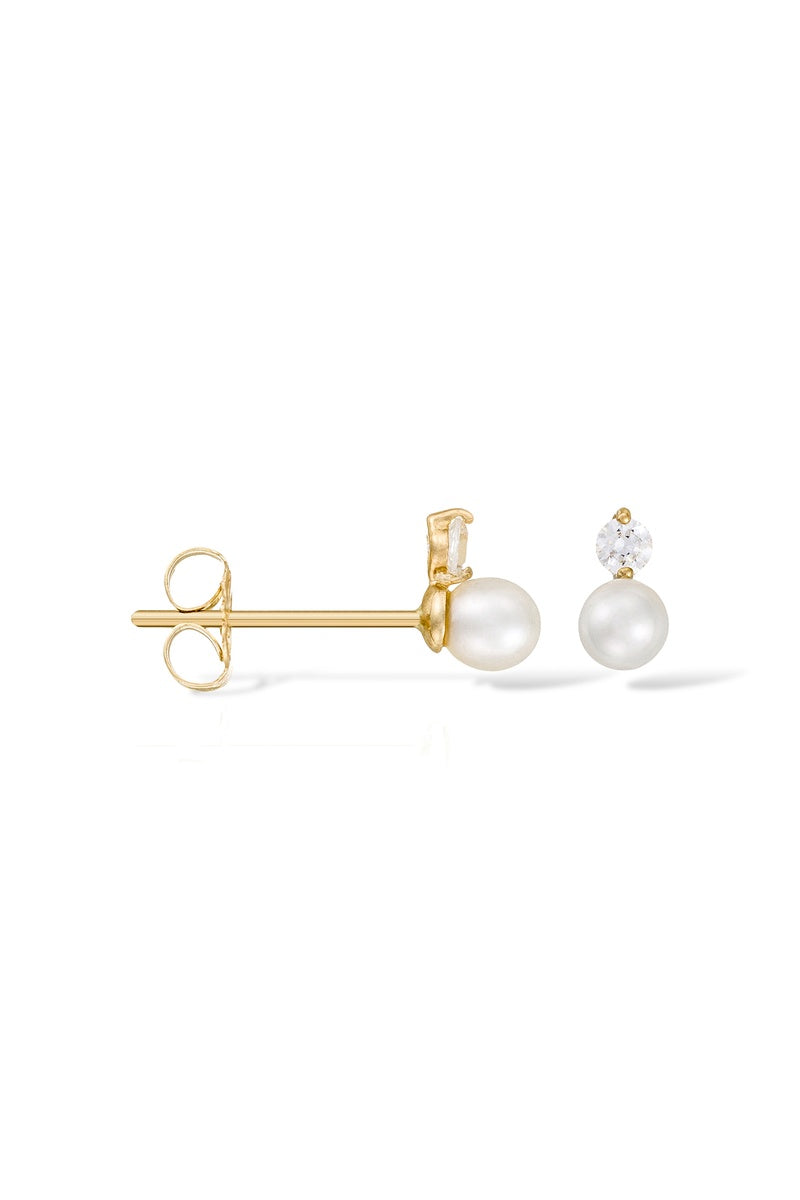 Boucles D'Oreilles "Uni" Perles Blanches Et Zircos, Or Jaune 375/1000