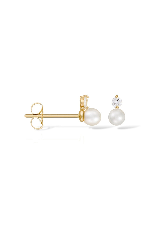 "Uni" White Pearl and Zircon Earrings, Yellow Gold 375/1000