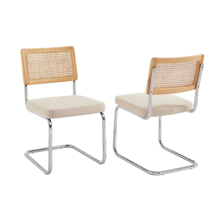 Lot De 2 Chaises - Ella - Cannage & Velours Côtelé - Écru Pieds Métal Chromé