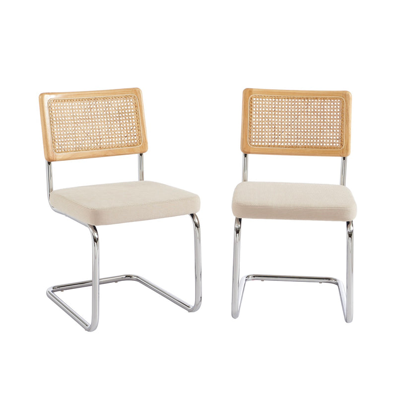 Lot De 2 Chaises - Ella - Cannage & Velours Côtelé - Écru Pieds Métal Chromé