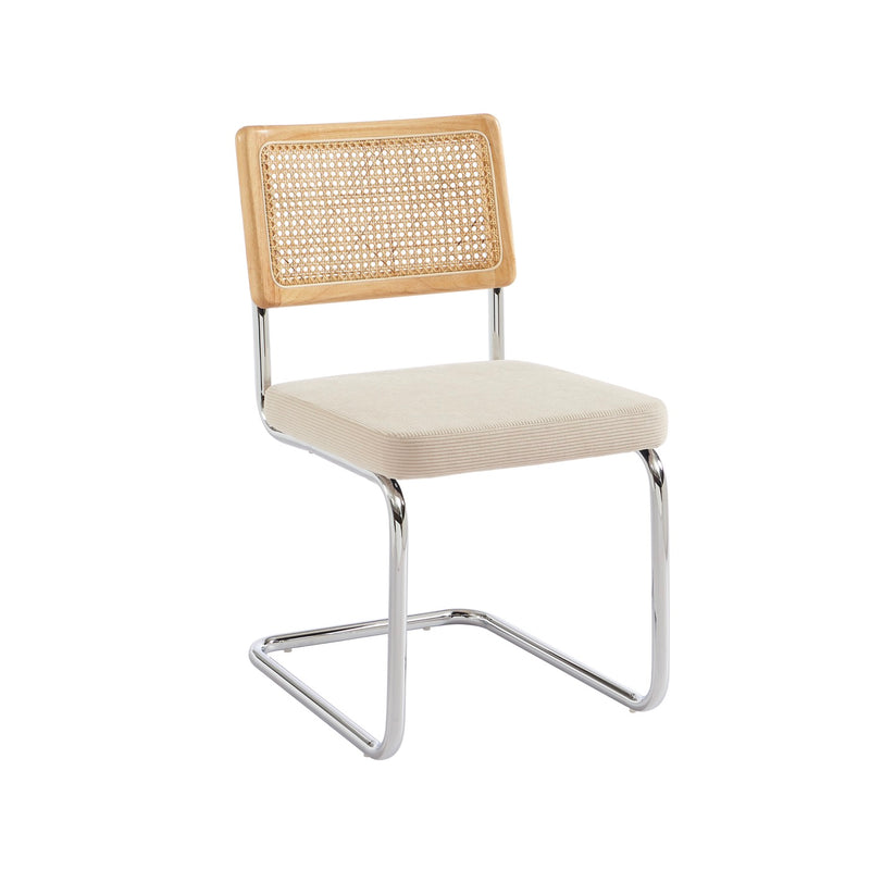 Lot De 2 Chaises - Ella - Cannage & Velours Côtelé - Écru Pieds Métal Chromé