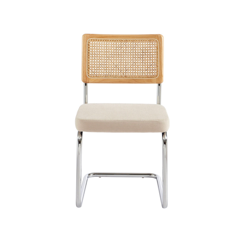 Lot De 2 Chaises - Ella - Cannage & Velours Côtelé - Écru Pieds Métal Chromé