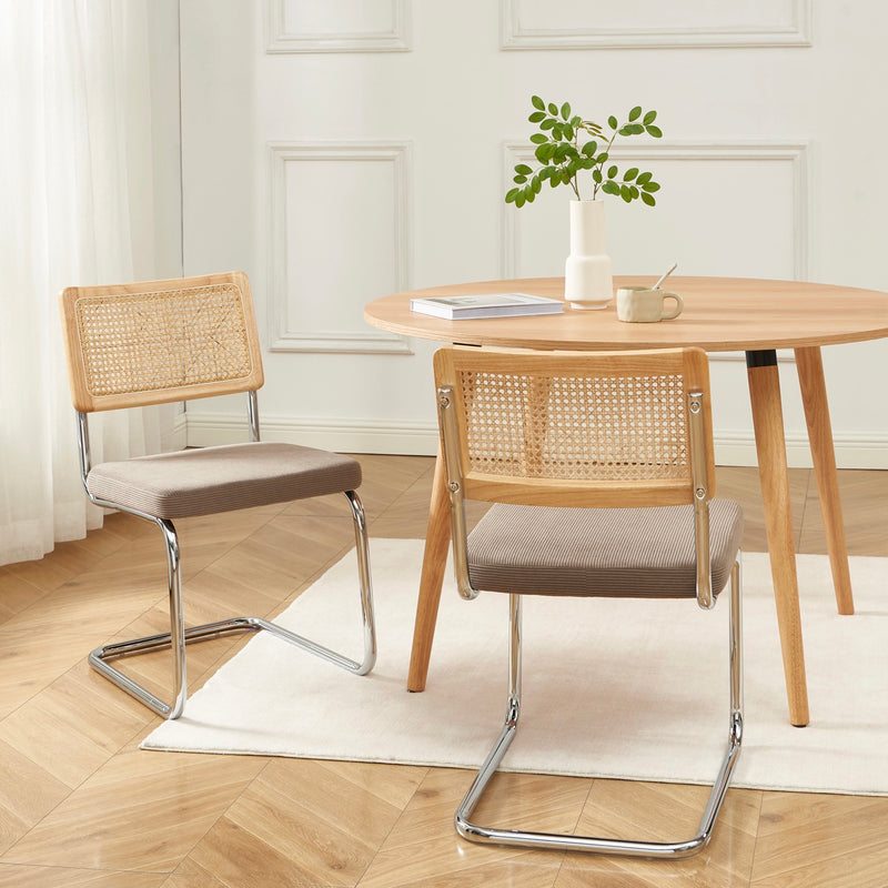 Lot De 2 Chaises - Ella - Cannage & Velours Côtelé - Taupe Clair Pieds Métal Chromé