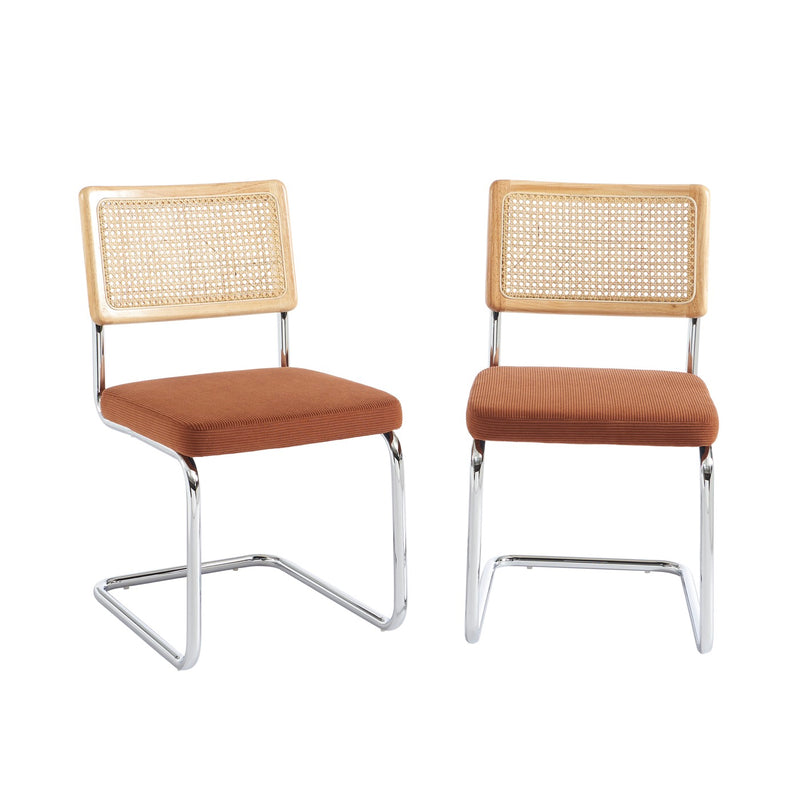 Lot De 2 Chaises - Ella - Velours Cotelé - Terracotta Cannage & Pieds Métal Chromé