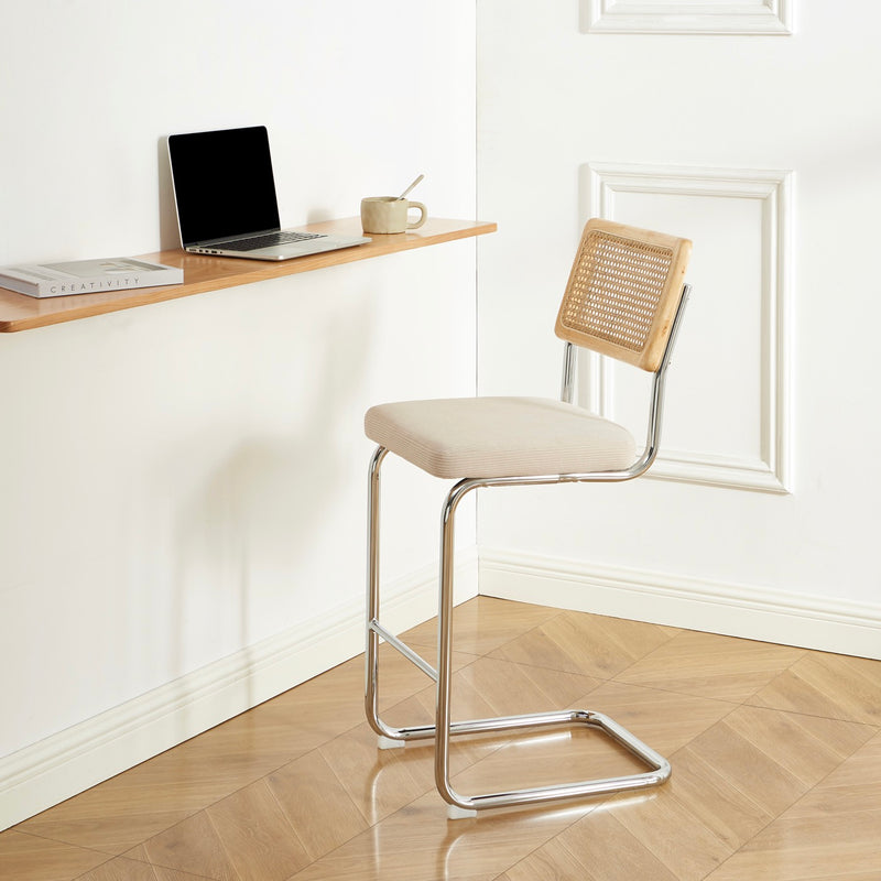 Lot De 2 Tabourets Mi-Hauts - Ella - Velours Côtelé - Beige Cannage