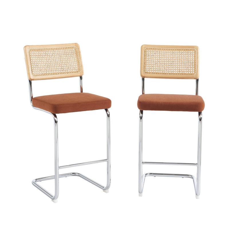 Lot De 2 Tabourets Mi-Hauts - Ella - Velours Côtelé - Terracotta Cannage