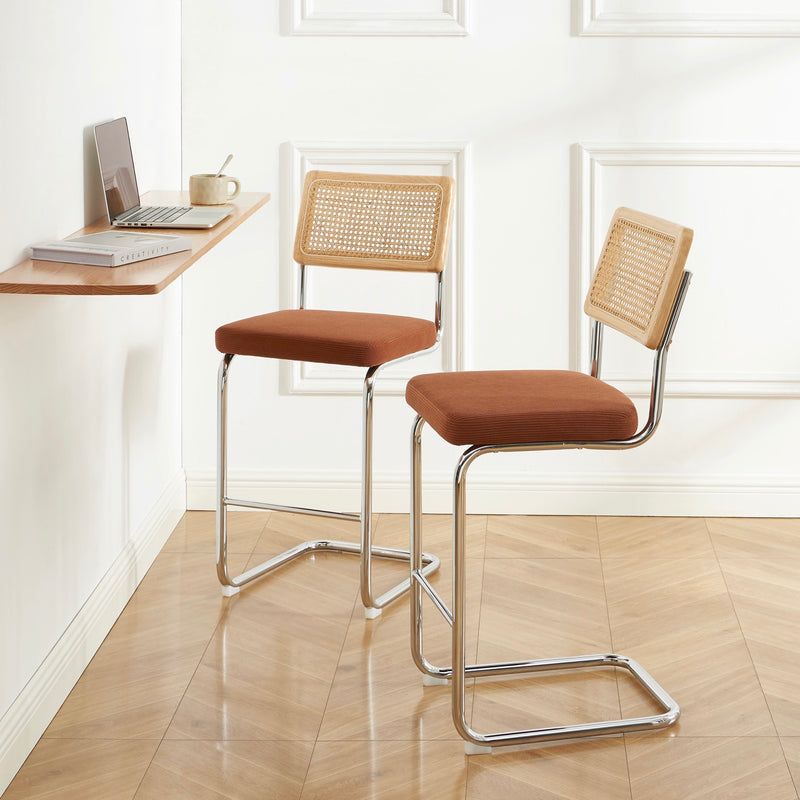 Lot De 2 Tabourets Mi-Hauts - Ella - Velours Côtelé - Terracotta Cannage