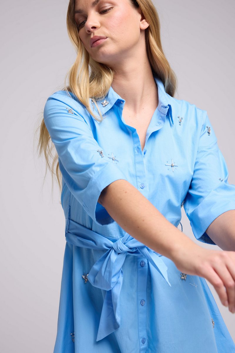 Vestido corto de manga media larga - Azul
