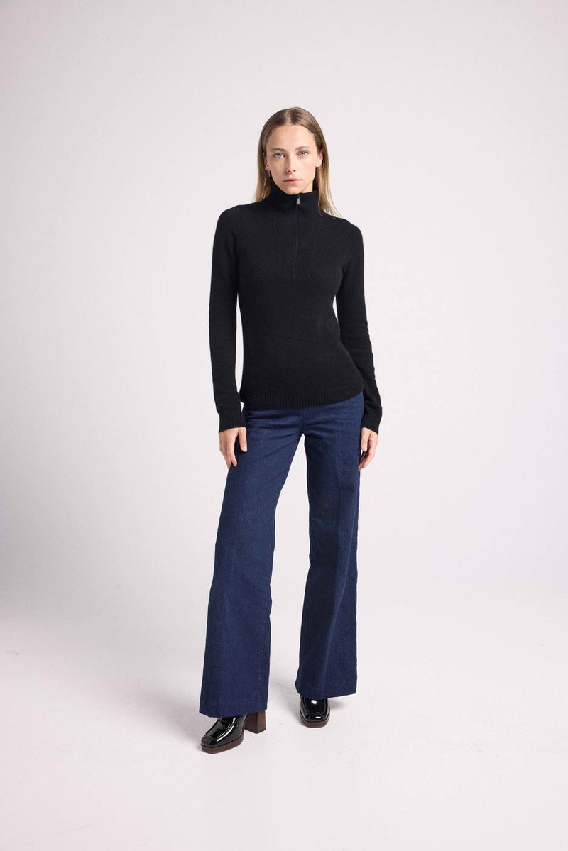 Emilie Truckneck Zip Sweater - Black - 100% Cashmere Oeko-Tex - Woman