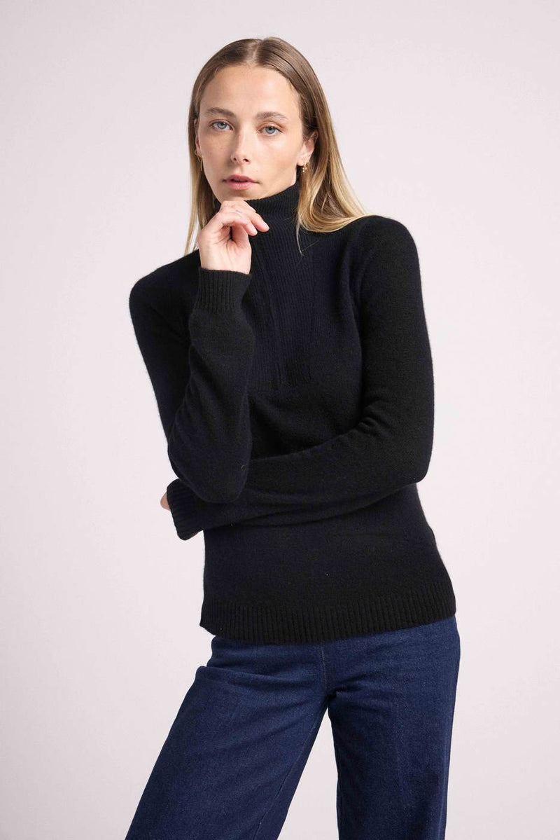 Emilie Truckneck Zip Sweater - Black - 100% Cashmere Oeko-Tex - Woman